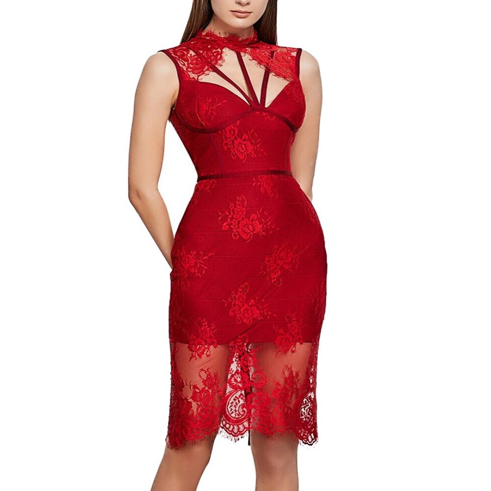Patchwork Halter Neck Lace Overlay Cutout Open Back Bustier Party Bandage Dress
